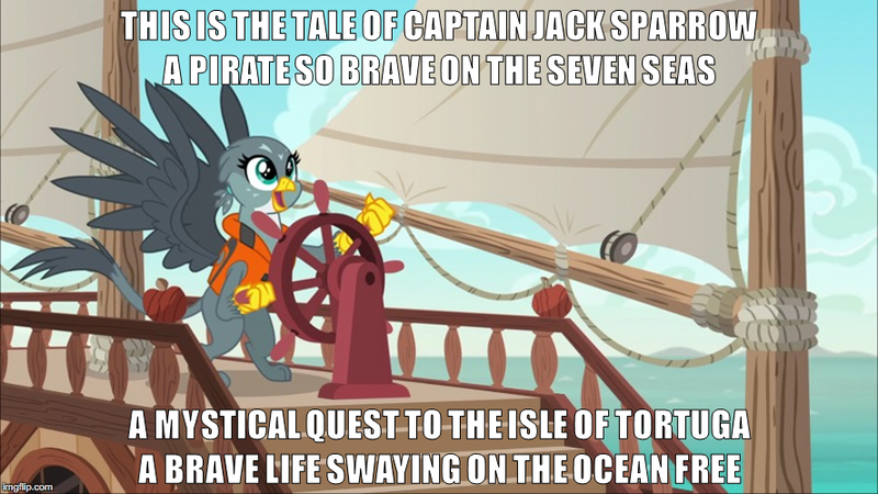 Size: 888x499 | Tagged: safe, artist:bronybyexception, derpibooru import, edit, edited screencap, screencap, gabby, gryphon, captain jack sparrow, caption, cute, gabbybetes, gabby's shanty, image macro, meme, michael bolton, pirates of the caribbean, saturday night live, solo, text, the lonely island