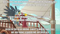 Size: 888x499 | Tagged: safe, artist:bronybyexception, derpibooru import, edit, edited screencap, screencap, gabby, gryphon, caption, cute, duck's ditty, gabbybetes, gabby's shanty, image macro, kenneth grahame, meme, solo, text, the wind in the willows, wind in the willows