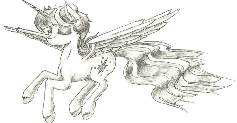 Size: 5664x2944 | Tagged: safe, artist:karanakia, derpibooru import, twilight sparkle, twilight sparkle (alicorn), alicorn, pony, flying, monochrome, solo, traditional art