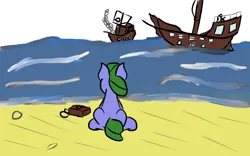 Size: 1280x800 | Tagged: safe, artist:saria the frost mage, derpibooru import, oc, oc:clover patch, unofficial characters only, earth pony, pony, a foal's adventure, bag, beach, blank flank, child, cyoa, female, filly, foal, ocean, pirate ship, sand, ship, smoke, story included, water, wave