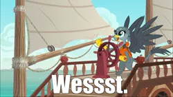 Size: 1920x1080 | Tagged: safe, derpibooru import, edit, edited screencap, screencap, gabby, gryphon, the fault in our cutie marks, caption, cute, directions, gabbybetes, gabby's shanty, image macro, lifejacket, meme, ocean, sailing, ship, solo, text, the marvelous misadventures of flapjack, this will end in tears, west