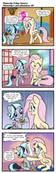 Size: 625x1920 | Tagged: safe, artist:pencils, derpibooru import, fluttershy, pinkie pie, oc, oc:short cut, pony, comic:fluttershy's anti-adventures, apron, bipedal, bipedal leaning, brush, clothes, comb, comic, crying, eyeshadow, hairbrush, leaning, makeup, midget horse, miniature pony, overreaction, pillow, scissors, scrunchy face, sitting, slice of life, sweat