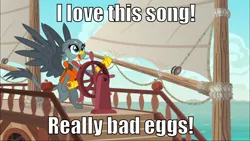 Size: 1440x810 | Tagged: safe, derpibooru import, edit, edited screencap, editor:scrounge, screencap, gabby, gryphon, the fault in our cutie marks, caption, gabby's shanty, image macro, meme, pirates of the caribbean, text