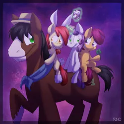 Size: 900x900 | Tagged: safe, artist:fj-c, derpibooru import, apple bloom, scootaloo, sweetie belle, trouble shoes, earth pony, pegasus, pony, unicorn, appleoosa's most wanted, bow, bunny ears, clothes, clover, costume, cute, cutie mark crusaders, female, filly, four leaf clover, good luck charms, hair bow, hat, lucky cat, magic, male, ponies riding ponies, raised hoof, riding, smiling, stallion, troublebetes