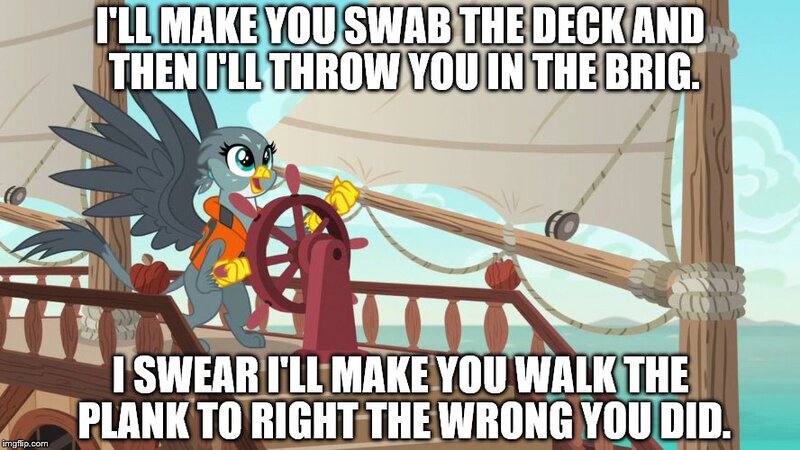 Size: 888x500 | Tagged: safe, derpibooru import, edit, edited screencap, screencap, gabby, gryphon, the fault in our cutie marks, bipedal, boat, caption, donkey kong country, female, gabby's shanty, lifejacket, meme, ocean, open mouth, smiling, song reference, spread wings, wings