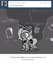 Size: 666x809 | Tagged: artist:egophiliac, cartographer's cap, derpibooru import, female, filly, hat, monochrome, moonstuck, oc, oc:jeffery, princess luna, safe, solo, tumblr, woona, younger