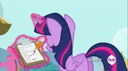 Size: 1100x618 | Tagged: safe, derpibooru import, screencap, twilight sparkle, twilight sparkle (alicorn), alicorn, pony, testing testing 1-2-3, butt, clipboard, female, mare, pencil, plot