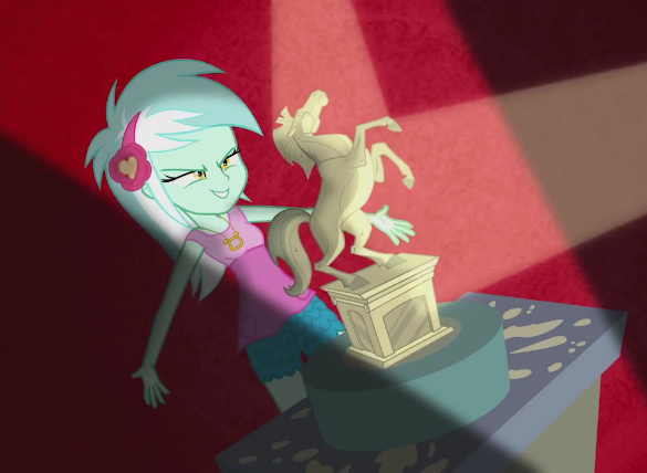 Size: 585x428 | Tagged: safe, derpibooru import, screencap, lyra heartstrings, all's fair in love and friendship games, equestria girls, craft, sculpture, smug, solo, spotlight, traditional art