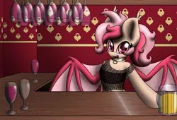 Size: 1100x750 | Tagged: suggestive, artist:k-kopp, derpibooru import, oc, oc:zoey ann d'quiri, unofficial characters only, bat pony, pony, bar, clothes, collar, drink, fishnets, freckles, looking at you, open mouth, smiling, story included