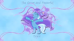 Size: 1360x768 | Tagged: safe, artist:leonbrony, derpibooru import, trixie, pony, bipedal, cape, clothes, eyes closed, hat, open mouth, smiling, trixie's cape, trixie's hat, vector, wallpaper