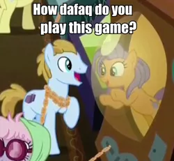 Size: 498x461 | Tagged: arcade game, caption, cropped, derpibooru import, edit, edited screencap, frying pan, frying pan (character), image macro, las pegasus resident, meme, opulence, pacifica, safe, screencap, shopping bags, text, viva las pegasus, waifu machine