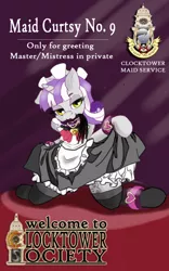 Size: 400x640 | Tagged: artist:manifest harmony, bdsm, bedroom eyes, branding, cat o' ninetails, clothes, collar, curtsey, derpibooru import, fanfic:clocktower society, female, femsub, kneeling, maid, master, mistress, mouth hold, skirt, skirt lift, socks, stockings, submissive, suggestive, thigh highs, twilight velvet, whip, zettai ryouiki