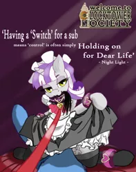 Size: 503x639 | Tagged: alternate version, artist:manifest harmony, bdsm, bedroom eyes, branding, cat o' ninetails, clothes, collar, derpibooru import, dominant pov, fanfic:clocktower society, female, femsub, first person view, good clean married sex, leash, maid, male, male pov, mouth hold, night light, nightvelvet, offscreen character, pov, sex, shipping, skirt, skirt lift, socks, stockings, straight, submissive, suggestive, switch (bdsm), thigh highs, twilight velvet, whip, zettai ryouiki