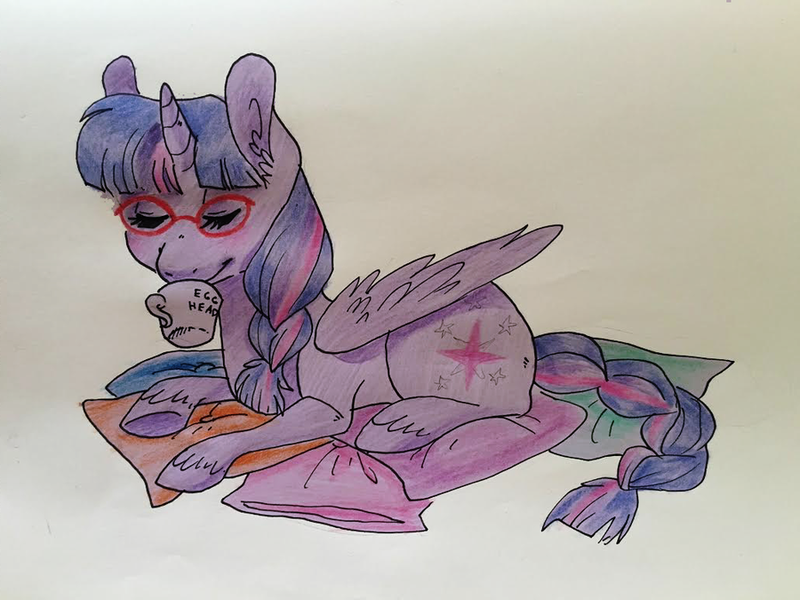 Size: 900x675 | Tagged: safe, artist:ellamred, derpibooru import, twilight sparkle, twilight sparkle (alicorn), alicorn, pony, glasses, mug, newbie artist training grounds, solo, traditional art