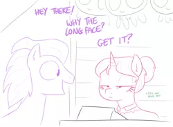 Size: 881x650 | Tagged: artist:shoutingisfun, carrot bun, carrot bun is not amused, derpibooru import, dialogue, duo, lidded eyes, monochrome, oc, safe, >tfw, unamused, viva las pegasus