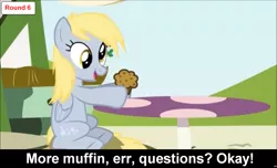 Size: 1600x973 | Tagged: safe, derpibooru import, derpy hooves, pegasus, pony, comic:celestia's servant interview, caption, cs captions, female, food, holding, interview, mare, muffin, sitting, solo, table