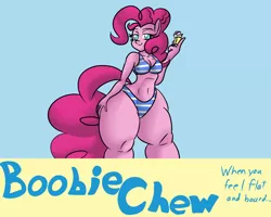 Size: 1000x800 | Tagged: anthro, artist:mad'n evil, bikini, boobie gum, breast expansion, breasts, bubblegum, busty pinkie pie, cleavage, clothes, derpibooru import, expansion, female, food, growth, gum, looking at you, pinkie pie, pinkie thighs, plump, solo, solo female, suggestive, swimsuit, thighs, thunder thighs