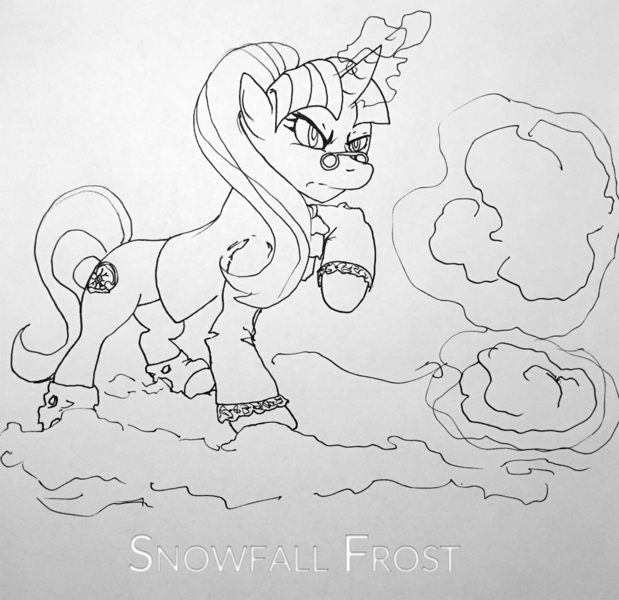 Size: 1024x993 | Tagged: a hearth's warming tail, artist:redenaz, derpibooru import, glowing horn, horn, levitation, magic, newbie artist training grounds, safe, snow, snowfall frost, solo, starlight glimmer, telekinesis, traditional art