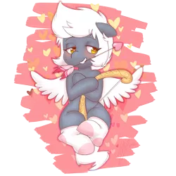 Size: 1280x1280 | Tagged: arrow, artist:abeomaero, blushing, bow (weapon), chibi, clothes, cupid, derpibooru import, mouth hold, oc, oc:riptide, safe, smiling, socks, solo, unofficial characters only, wings