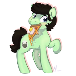 Size: 1280x1280 | Tagged: artist:abeomaero, derpibooru import, egg (food), food, mouth hold, oc, pizza, safe, solo, unofficial characters only