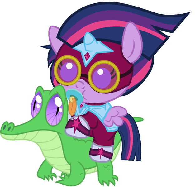 Size: 1036x993 | Tagged: safe, artist:red4567, derpibooru import, gummy, masked matter-horn, twilight sparkle, twilight sparkle (alicorn), alicorn, alligator, pony, power ponies (episode), baby, baby pony, babylight sparkle, cute, pacifier, ponies riding gators, power ponies, riding, twiabetes, weapons-grade cute, younger