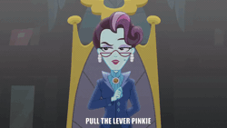 Size: 960x540 | Tagged: safe, derpibooru import, edit, edited screencap, screencap, pinkie pie, principal abacus cinch, equestria girls, friendship games, animated, cinch's chair, friendship games bloopers, gif, pull the lever kronk!, spinning, text edit, the emperor's new groove