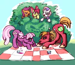 Size: 2717x2362 | Tagged: safe, artist:colourbee, derpibooru import, apple bloom, big macintosh, cheerilee, scootaloo, sweetie belle, earth pony, pony, hearts and hooves day (episode), cutie mark crusaders, hearts and hooves day, love poison, male, picnic blanket, stallion