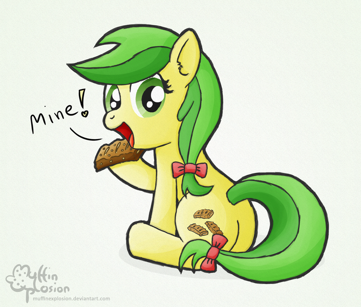 Size: 1500x1277 | Tagged: apple family member, apple fritter, apple fritter (food), artist:muffinexplosion, cute, derpibooru import, dialogue, food, safe, solo