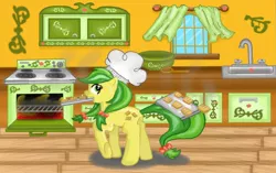 Size: 1110x696 | Tagged: apple family member, apple fritter, apple fritter (food), artist:fun2berandom, baking, chef's hat, derpibooru import, food, hat, kitchen, oven, safe, solo