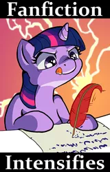 Size: 400x626 | Tagged: safe, artist:muffinshire, derpibooru import, edit, twilight sparkle, comic:twilight's first day, fanfic, cute, meme, nose wrinkle, paper, quill, tongue out, twiabetes, twilight loves fanfiction, wrinkle nose cutie face, writing, x intensifies