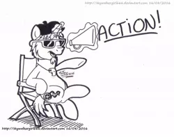 Size: 1024x806 | Tagged: safe, artist:artistnjc, deleted from derpibooru, derpibooru import, oc, unofficial characters only, pony, unicorn, chair, director, director's chair, facial hair, goatee, levitation, magic, male, megaphone, monochrome, newbie artist training grounds, simple background, sitting, solo, sunglasses, telekinesis, whistle