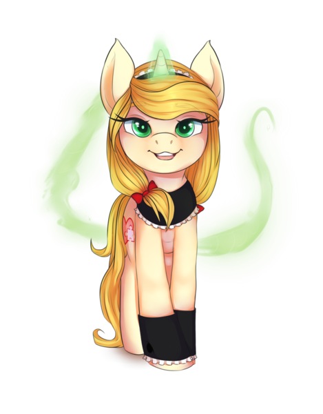 Size: 900x1152 | Tagged: safe, artist:littlemoshi, derpibooru import, oc, oc:vive, unofficial characters only, bow, clothes, cuffs (clothes), glowing horn, hair bow, horn, looking at you, simple background, smiling, solo, transparent background