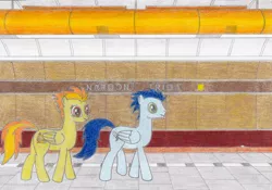 Size: 2460x1724 | Tagged: safe, artist:tails-cz, derpibooru import, soarin', spitfire, pony, backwards cutie mark, food, metro, prague, prague metro, subway, walking