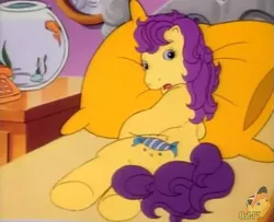 Size: 657x533 | Tagged: safe, derpibooru import, screencap, bon bon (g1), earth pony, fish, goldfish, pony, my little pony tales, bed, female, fishbowl, g1, lying down, mare, out of context, pillow, underhoof