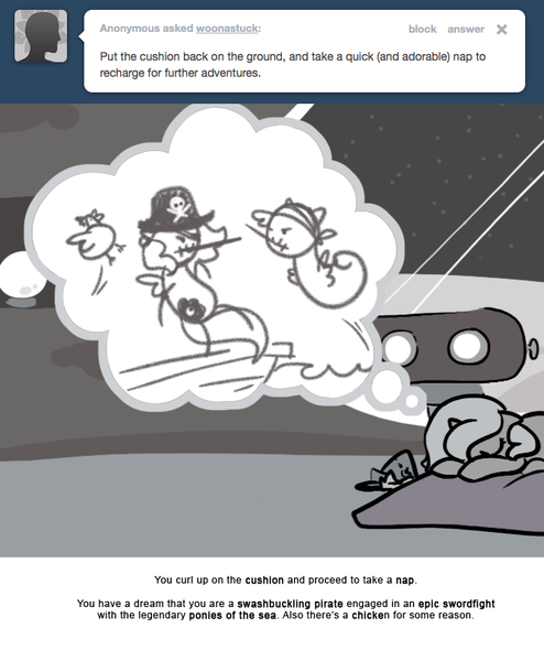 Size: 666x809 | Tagged: artist:egophiliac, ask, bird, cartographer's cap, chicken, comic, derpibooru import, dream, female, filly, hat, monochrome, moonstuck, mouth hold, pirate, princess luna, safe, sea pony, sleeping, sword fight, thought bubble, tumblr, woona, younger