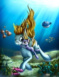 Size: 3840x5000 | Tagged: absurd resolution, artist:neko-me, bubble, derpibooru import, dinky hooves, fanfic art, fanfic:where is my love?, father and child, father and daughter, female, fish, glowing horn, horn, magic, male, open mouth, prince blueblood, safe, smiling, underwater