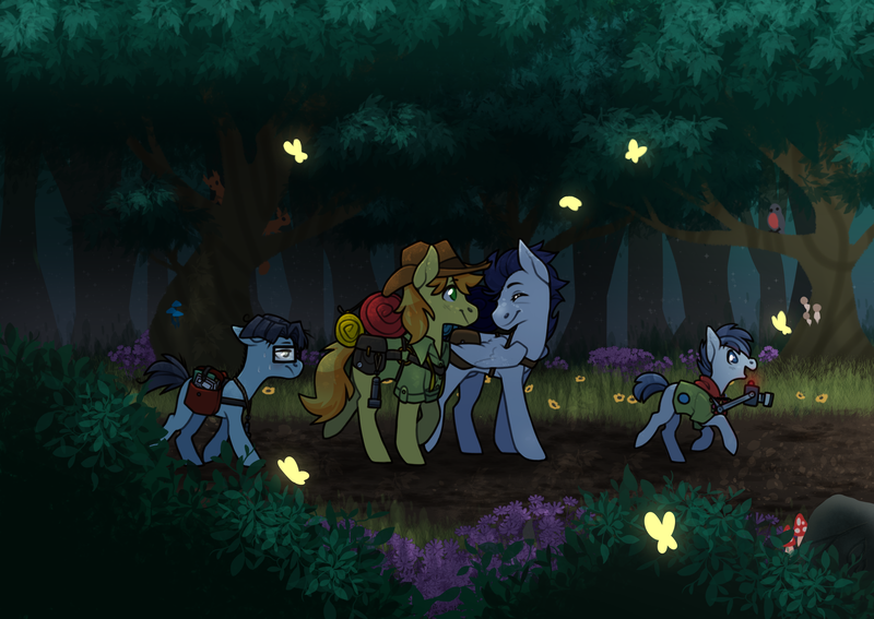 Size: 3541x2508 | Tagged: safe, artist:sinclair2013, derpibooru import, braeburn, shady daze, soarin', splash panel, bird, butterfly, pony, squirrel, adopted offspring, background pony, bag, camera, camping, camping trip, colt, comic geek pony, commission, cute, everypony's gay for braeburn, eyes closed, family, father, father and child, father and son, flower, forest, gay, glasses, hike, looking back, magical gay spawn, male, mushroom, nerd, offspring, parent:braeburn, parent:soarin', parents:soarburn, saddle bag, scout, scout uniform, shipping, soarburn, son, story included, sweat, tree, walking