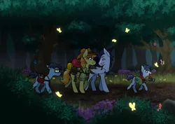 Size: 3541x2508 | Tagged: safe, artist:sinclair2013, derpibooru import, braeburn, shady daze, soarin', splash panel, bird, butterfly, pony, squirrel, adopted offspring, background pony, bag, camera, camping, camping trip, colt, comic geek pony, commission, cute, everypony's gay for braeburn, eyes closed, family, father, father and child, father and son, flower, forest, gay, glasses, hike, looking back, magical gay spawn, male, mushroom, nerd, offspring, parent:braeburn, parent:soarin', parents:soarburn, saddle bag, scout, scout uniform, shipping, soarburn, son, story included, sweat, tree, walking