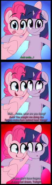 Size: 1318x4615 | Tagged: safe, artist:january3rd, derpibooru import, pinkie pie, spike, twilight sparkle, twilight sparkle (alicorn), alicorn, pony, bunny ears (gesture), comic, dialogue, duo, offscreen character, photo