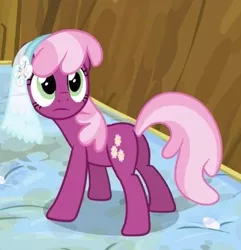 Size: 337x350 | Tagged: safe, derpibooru import, screencap, cheerilee, pony, hearts and hooves day (episode), butt, cropped, female, flowerbutt, hearts and hooves day, mare, mattress, plot, solo, veil, wedding veil