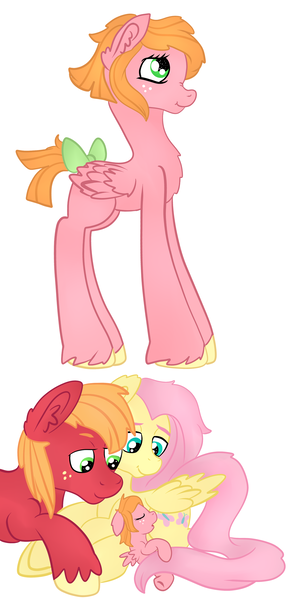 Size: 2044x4092 | Tagged: safe, artist:bewarethemusicman, derpibooru import, big macintosh, fluttershy, oc, oc:little darlin', earth pony, pony, bow, female, fluttermac, male, offspring, parent:big macintosh, parent:fluttershy, parents:fluttermac, shipping, stallion, straight, tail bow