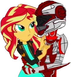 Size: 649x700 | Tagged: safe, artist:slayguy, derpibooru import, sunset shimmer, oc, oc:guardian angel, equestria girls, canon x oc, crossover, halo (series), helmet, shipping, spartan