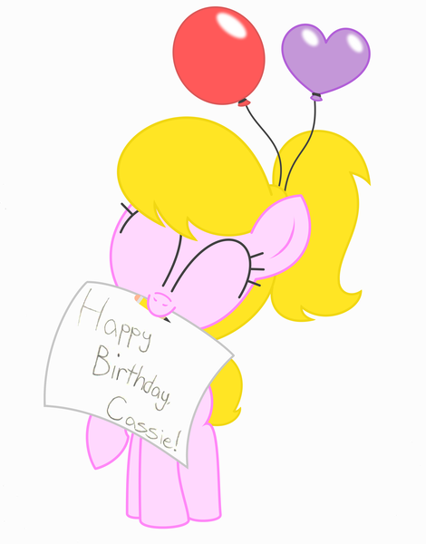 Size: 2080x2656 | Tagged: ^^, artist:sny-por, balloon, birthday, cute, derpibooru import, eyes closed, mouth hold, note, oc, oc:lola balloon, paper, pencil, ponytail, safe, simple background, unofficial characters only, white background