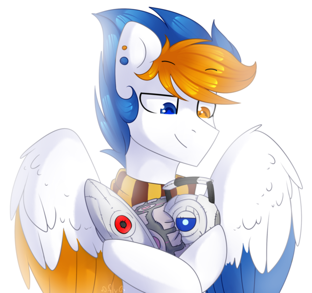 Size: 1024x962 | Tagged: safe, artist:starlyflygallery, derpibooru import, oc, unofficial characters only, pegasus, pony, companion cube, personality core, plushie, portal (valve), portal 2, solo, turret, wheatley