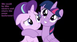 Size: 1500x824 | Tagged: artist needed, safe, derpibooru import, starlight glimmer, twilight sparkle, twilight sparkle (alicorn), alicorn, pony, black background, dialogue, ed edd n eddy, momma's little ed, simple background