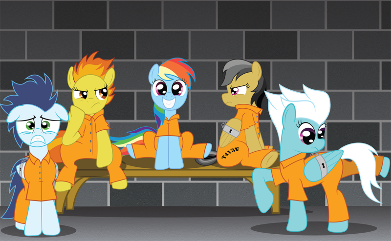 Size: 2000x1235 | Tagged: safe, artist:spellboundcanvas, derpibooru import, daring do, fleetfoot, rainbow dash, soarin', spitfire, pony, angry, bored, bound wings, clothes, happy, prison, prison outfit, prisoner, prisoner rd, scared, smiling, teeth, wing cuffs, wings, wonderbolts