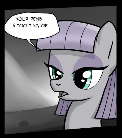 Size: 417x470 | Tagged: artist:pencils, comic, comic:anon's pie adventure, cropped, derpibooru import, edit, insult, maud pie, op, reaction image, small penis humiliation, solo, suggestive, vulgar