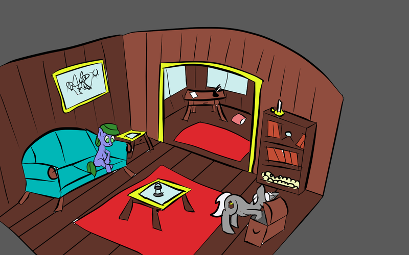 Size: 1280x800 | Tagged: safe, artist:saria the frost mage, derpibooru import, oc, oc:clover patch, oc:silverwind (a foal's adventure), unofficial characters only, earth pony, pony, unicorn, a foal's adventure, book, bookshelf, candle, chest, child, couch, cutie mark, cyoa, desk, female, filly, foal, inkwell, male, painting, pirate, pirate ship, quill, room, rug, ship, stallion, story included, table, window