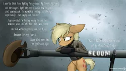 Size: 3200x1800 | Tagged: applejack, artist:dangercloseart, cannon, clothes, crossover, derpibooru import, fury (movie), m4a3e8, m4 sherman, safe, solo, tank (vehicle), text, weapon