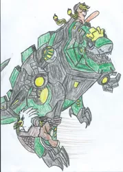 Size: 757x1056 | Tagged: applejack, artist:triforce-treasure, derpibooru import, grimlock, oc, oc:silver quill, safe, transformers, transformers robots in disguise (2015)